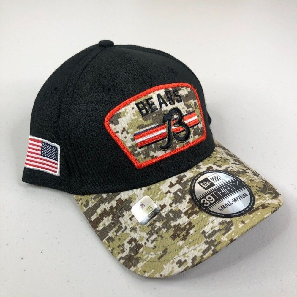 Chicago Bears Hat Cap NFL Salute To Service Black Camo New Era 39Thirty Flex S/M